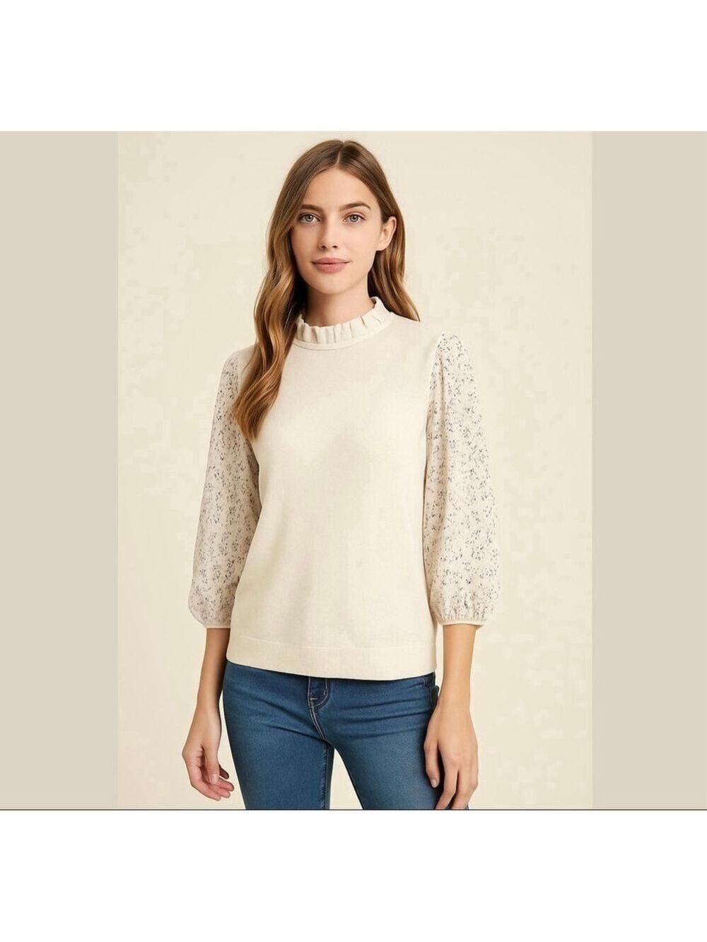 ADRIANNA PAPELL - mixed media sweater blouse feminine floral puff sleeves Sz L